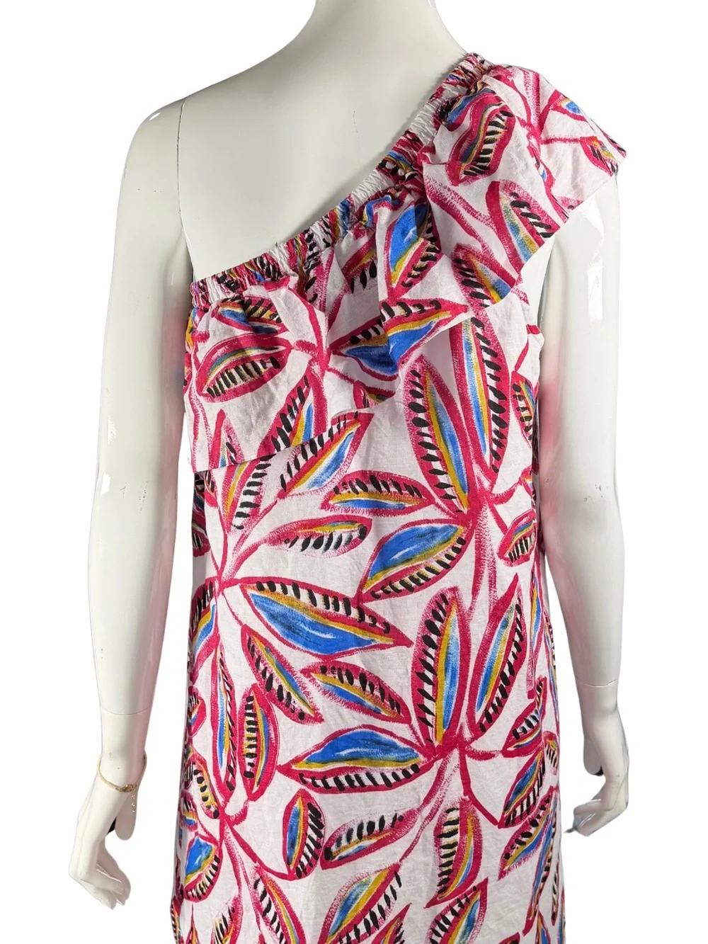 J. Crew One-Shoulder Tropical Leaf Print Dress Pink & Blue | Linen Cotton Blend